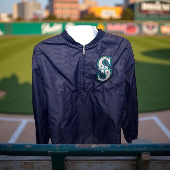 Youth 1/2 Zip Seattle Mariners Majestic Blue Windbreaker Jacket Size Large - Picture 1 of 6